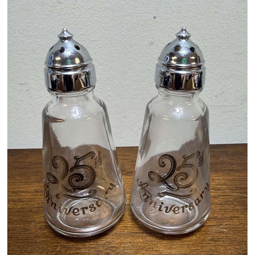 Vintage Lotus 25th Anniversary Salt And  Pepper Shakers Clear Glass Set